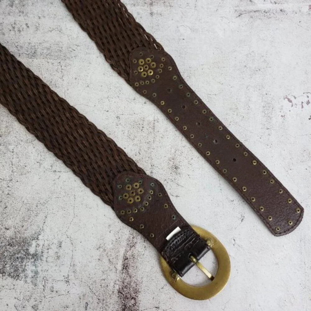 Vintage Bohemian Woven Braided Leather Wide Belt Brown size M